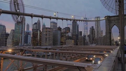 Manhattan skyline from the Brooklyn bridge Stock Footage 129167047
