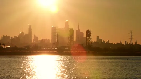 Manhattan skyline dramatic ligh cityscape waterfront Stock Footage 255665168
