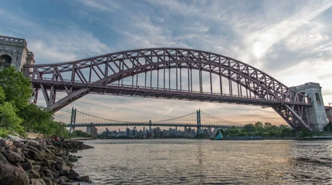Manhattan Skyline via Hell Gate at Sunset Stock Footage 51523734