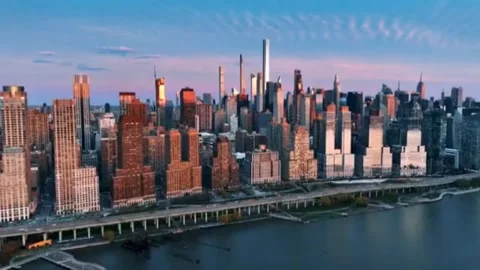 Manhattan Skyline Sunset Aerial View Over Hudson River NYC 스톡 동영상 343198151