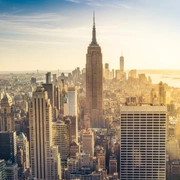 Manhattan skyline at sunset Stock Photos