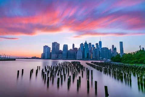 Manhattan Skyline at sunset Stock Photos