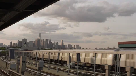 Manhattan Skyline view background Subway Station Brooklyn New York City 4K NYC Stock Footage 41668117
