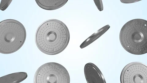 Manhole Covers Falling on a Light Blue Background. Black Metallic Manhole Cover. Stock Footage 306969959