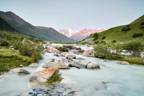 Mani stone in river, Dege, Sichuan, China Stock Photos