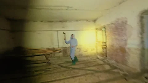 A maniac with an axe in the basement pretends to be a mannequin and attacks. Video stock 331149979