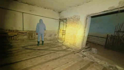 A maniac with an axe in the basement stands motionless and suddenly attacks. 库存影片 331150310