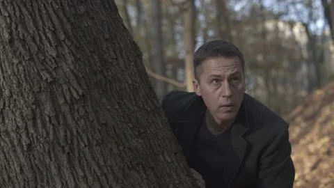 A maniac looks out from behind a tree in an autumn park. Montage. Stock Footage 164332339