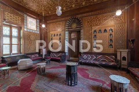 Manial Palace of Prince Mohammed Ali. Guests Hall with wooden ornate ceiling Stock Photos
