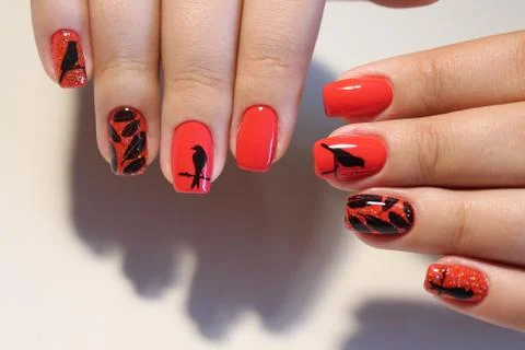 Manicure design red nails with pattern Stockfoto's