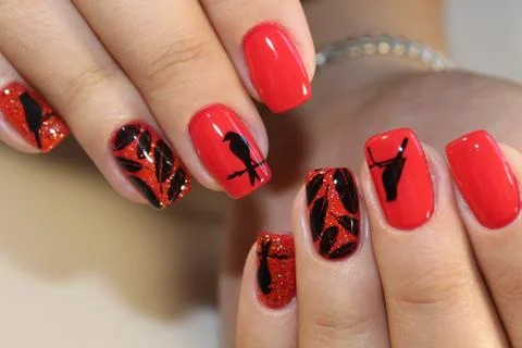 Manicure design red nails with pattern Stockfoto's