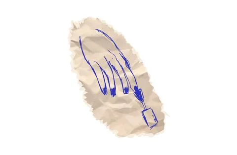 Manicure hand scribble drawing emoji on crumpled craft cardboard torn piece for Stock Illustration