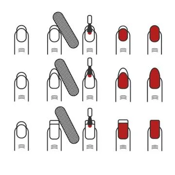 Manicure process vector icons. Different nail styles and shapes almond, square Stockillustratie
