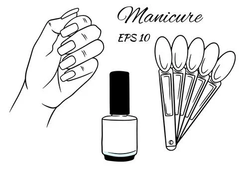 Manicure set. Hand with nails, nail polish palette. A bottle of varnish. Stock Illustration