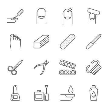 Manicure set of vector icons, nails care, outline style Stock Illustration