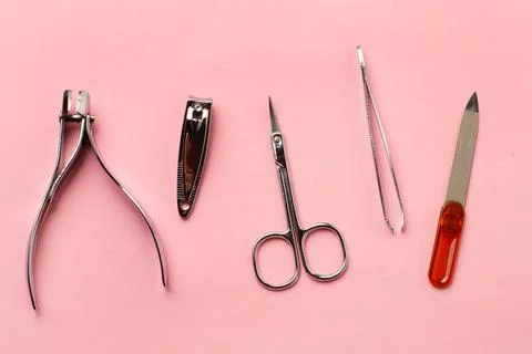 Manicure set on a white background in a top view Stock Photos