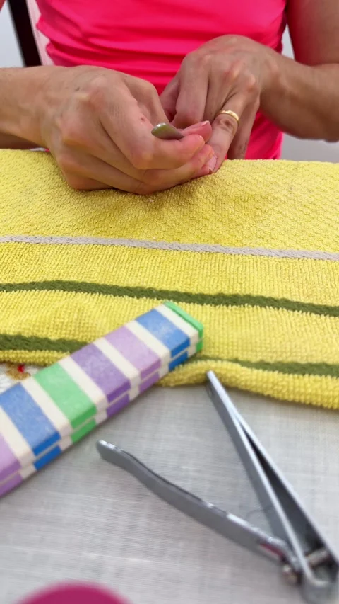 Manicure setup with tools on yellow towel, hands preparing nails Video stock 325656810