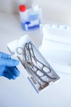 Manicure tools in a tray before sterilization Stock Photos