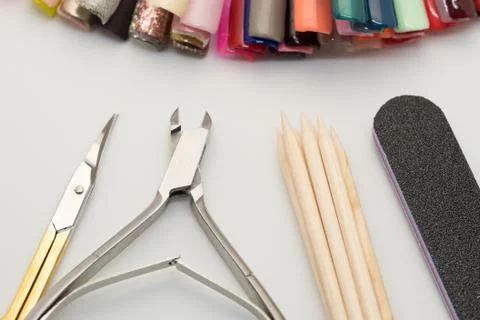 Manicure tools on a white background. Scissors, nail file, sticks, etc. 写真素材