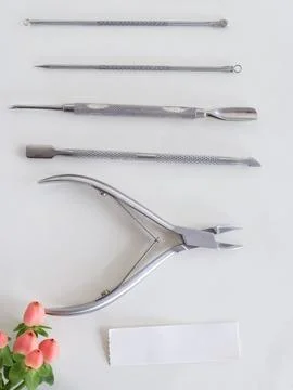 Manicure tools on white surface, top view, green plant. Beauty salon, aesthetics Stock Photos