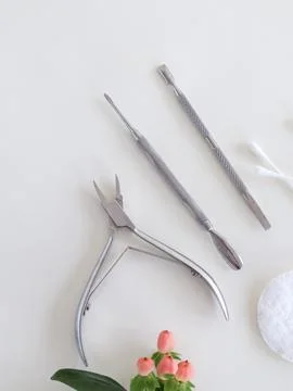 Manicure tools on white surface, top view, green plant. Beauty salon, aesthetics Stock Photos