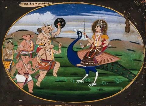 A manifestation of Devi seated on a peacock, facing a group of demons. Goua.. Stock Illustration