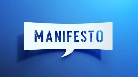 Manifesto - Speech Bubble. White Cut Out Paper on Blue Background. 3D Render. Illustrazione stock