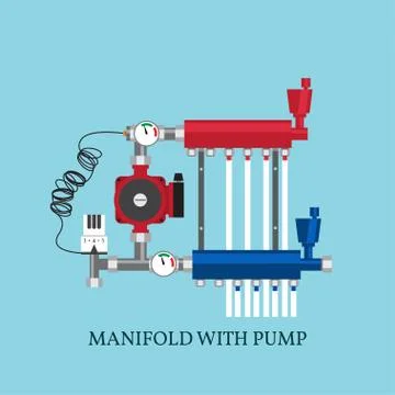 Manifold with Pump for  warm floor.  Vector illustration. Flat heating concep Illustrazione stock