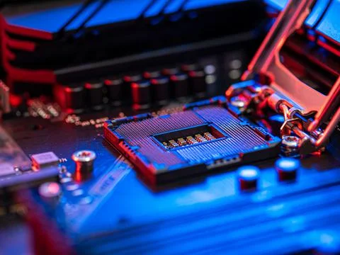 Manipulating and installing processor on the motherboard in details with blur Foto stock