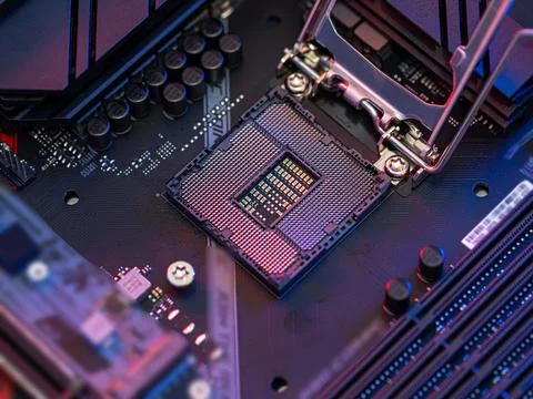 Manipulating and installing processor on the motherboard in details with blur Foto stock
