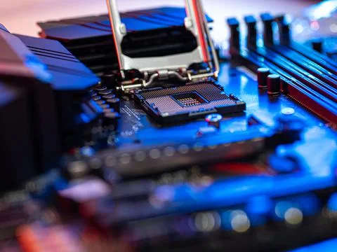 Manipulating and installing processor on the motherboard in details with blur Stock Photos