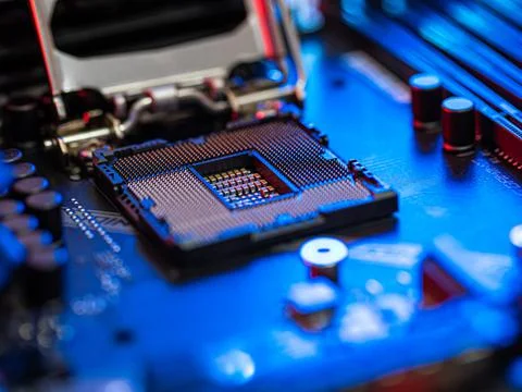 Manipulating and installing processor on the motherboard in details with blur Stock Photos