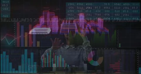 Manipulating holographic data displays, analyst woman working at office, with Foto stock