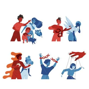 Manipulation and control over people set. Toxic relationship, violence, social Stock Illustration