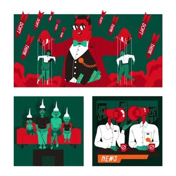 Manipulation of People with Puppeteer Pulling Strings of Marionette and Stock Illustration
