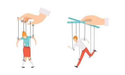 Manipulation of People with Tiny Man and Woman with Strings Controlled by Stock Illustration