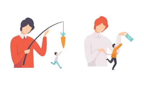 Manipulation of People with Tiny Man Chasing Hook with Money and Carrot as Stock Illustration