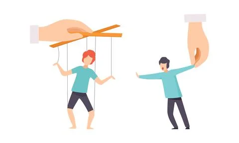Manipulation of People with Tiny Man with Strings Controlled by Someone Vector Stock Illustration