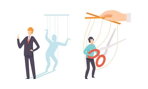 Manipulation of People with Tiny Man with Strings Controlled by Someone Vector Stock Illustration