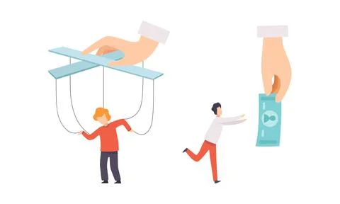 Manipulation of People with Tiny Man with Strings Controlled by Someone Vector Stock Illustration