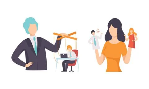 Manipulation of People with Tiny Man with Strings Controlled by Someone Vector Stock Illustration