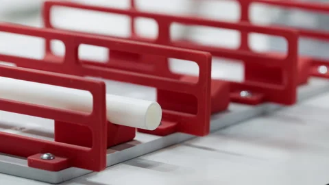 Manipulator arranges gently plastic tubes on racks on white table closeup Stock Footage 346611000
