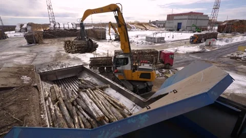 Manipulator crane unloads timber from a logging truck for processing. copter Video stock 294052089