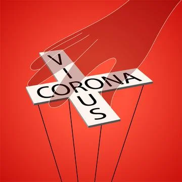 Manipulator hand holding puppet cross with Corona Virus lettering, on the red Stock Illustration