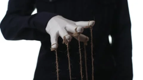 Manipulator hands in white gloves with ropes on fingers 스톡 동영상 253308107