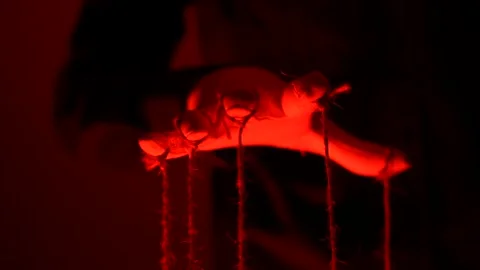 Manipulator hands in white gloves with ropes on fingers Video stock 253370268
