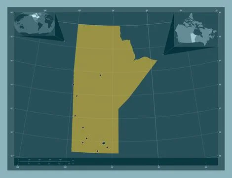 Manitoba, Canada. Solid color shape. Locations of major cities of the region Stock Illustration