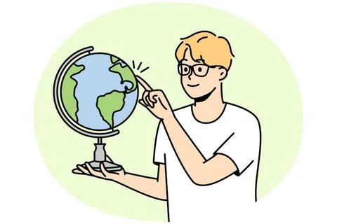 Mann mit Brille dreht Globus Smiling guy in glasses spin glove with finger... Stock Photos
