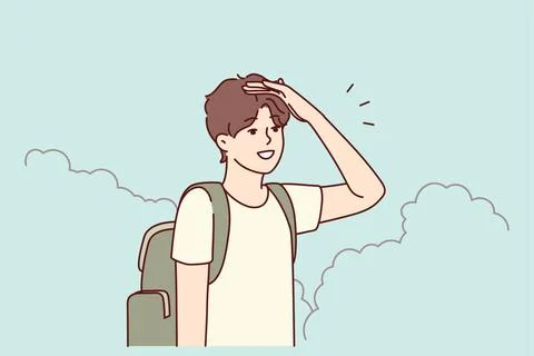 Mann mit Rucksack sucht Weg Young man with backpack stand in bushes lookin... Stock Photos