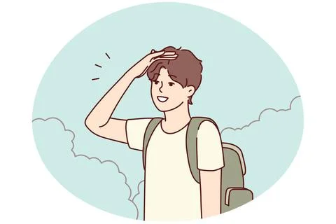 Mann mit Rucksack sucht Weg Young man with backpack stand in bushes lookin... Stock Photos